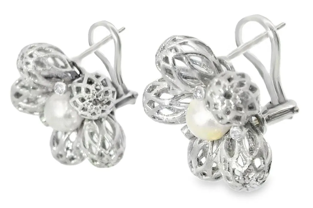 Gorgeous 14K White Gold Pearl Diamond Filigree Lace Floral Earrings