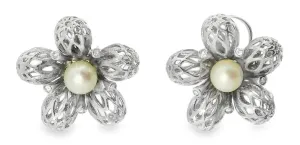Gorgeous 14K White Gold Pearl Diamond Filigree Lace Floral Earrings