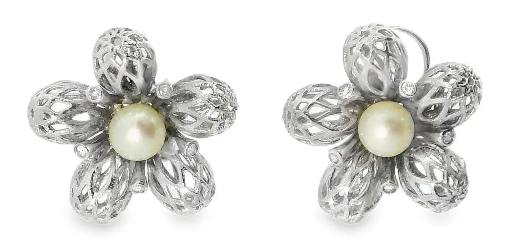 Gorgeous 14K White Gold Pearl Diamond Filigree Lace Floral Earrings