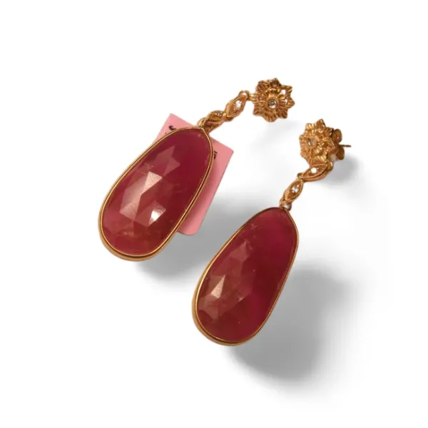 Gorgeous Estate 14K Yellow Gold Diamond Ruby Cabochon Tear Drop Dangle Earrings