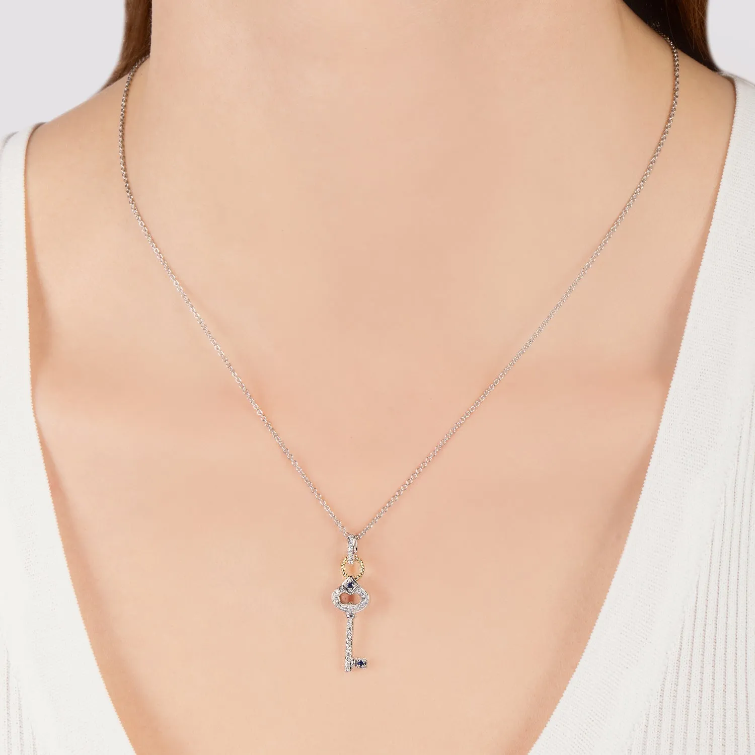 Hallmark Fine Jewelry Diamond Key Pendant in Sterling Silver & 14K Yellow Gold with Created Blue Sapphire & Diamonds