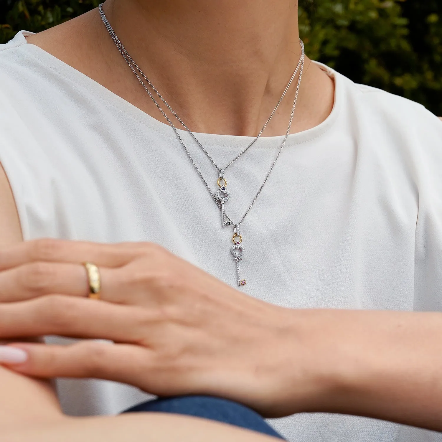 Hallmark Fine Jewelry Diamond Key Pendant in Sterling Silver & 14K Yellow Gold with Created Blue Sapphire & Diamonds