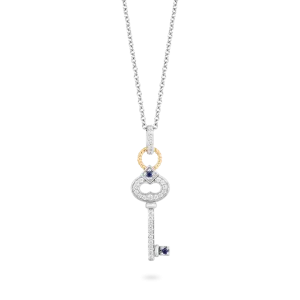 Hallmark Fine Jewelry Diamond Key Pendant in Sterling Silver & 14K Yellow Gold with Created Blue Sapphire & Diamonds