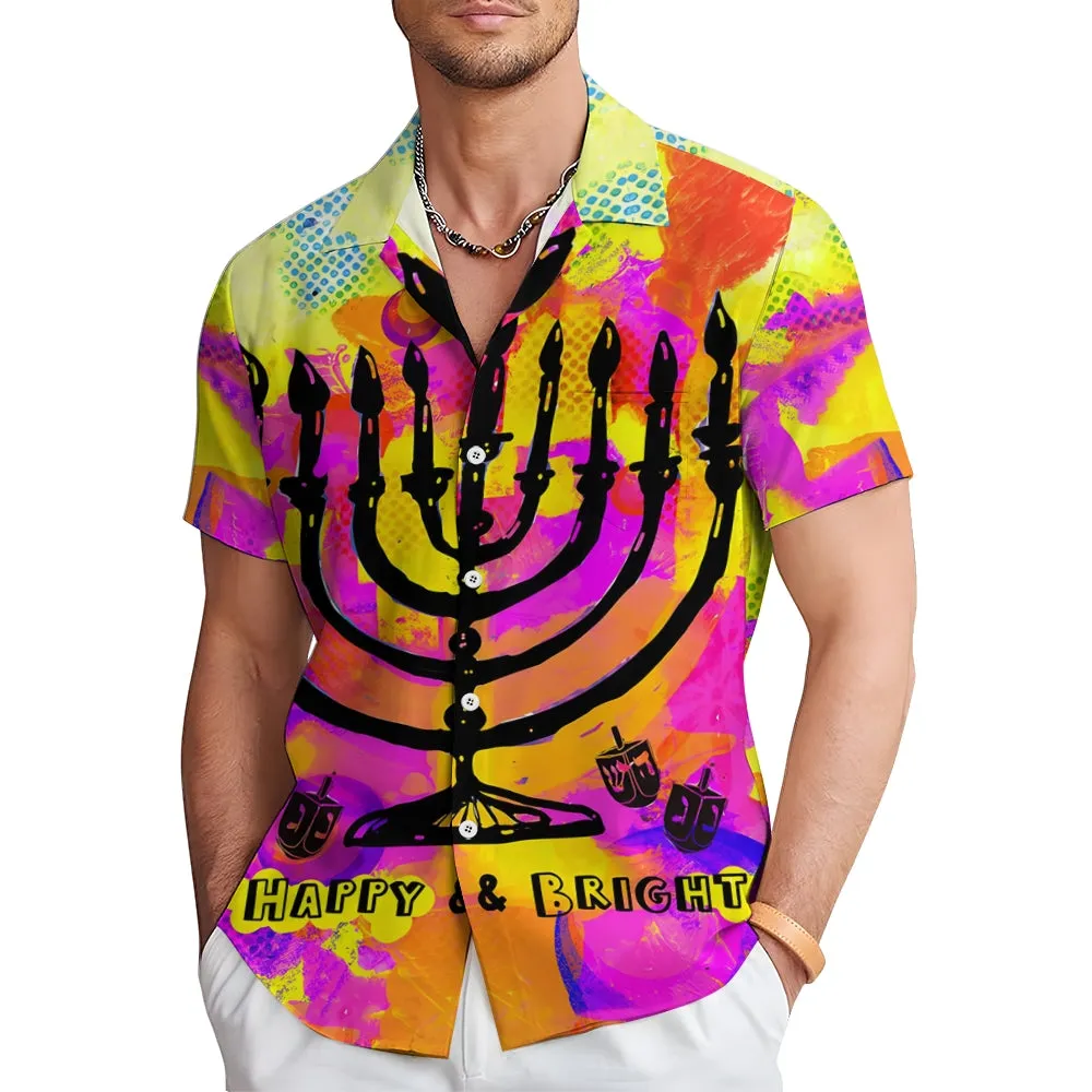 Hanukkah Menorah Art Print Casual Short Sleeve Shirt 2411013108