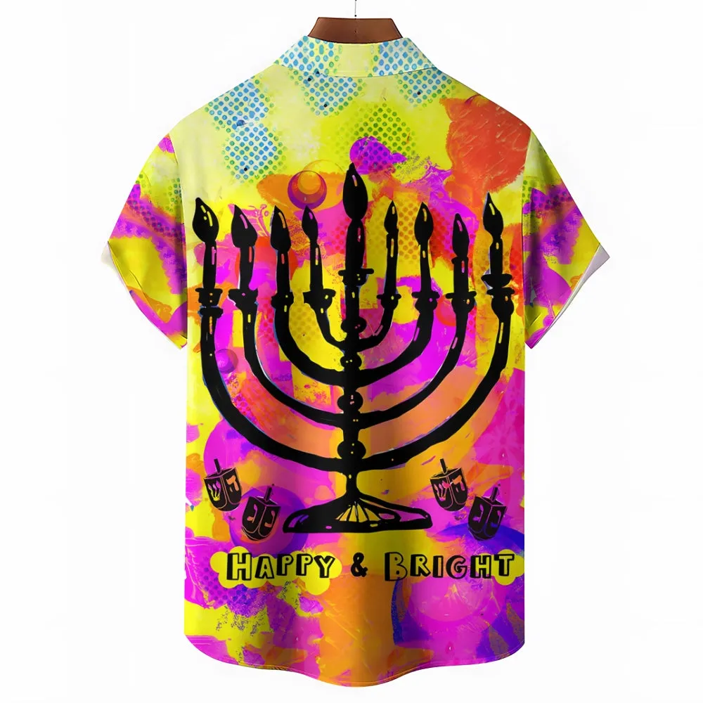 Hanukkah Menorah Art Print Casual Short Sleeve Shirt 2411013108