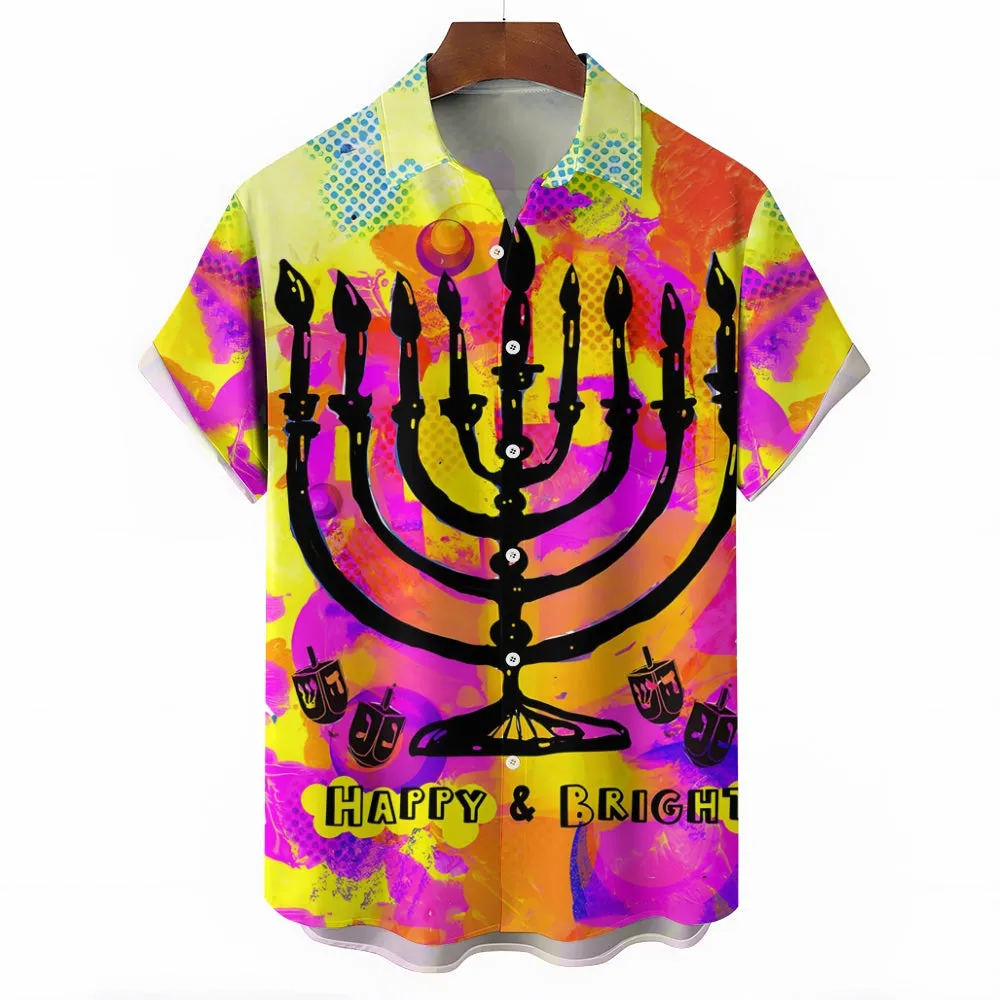 Hanukkah Menorah Art Print Casual Short Sleeve Shirt 2411013108