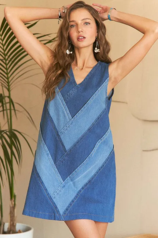 Hazel Blues® |  ADORA Chevron Color Block V-Neck Denim Dress
