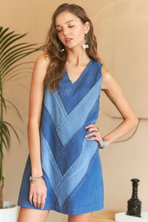 Hazel Blues® |  ADORA Chevron Color Block V-Neck Denim Dress