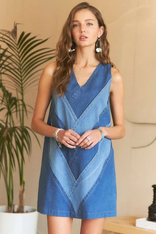 Hazel Blues® |  ADORA Chevron Color Block V-Neck Denim Dress