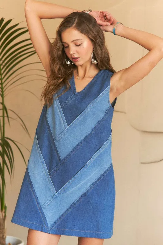 Hazel Blues® |  ADORA Chevron Color Block V-Neck Denim Dress