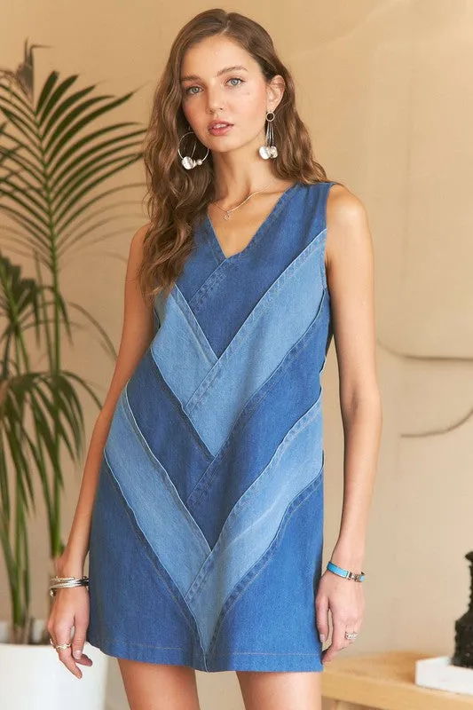 Hazel Blues® |  ADORA Chevron Color Block V-Neck Denim Dress