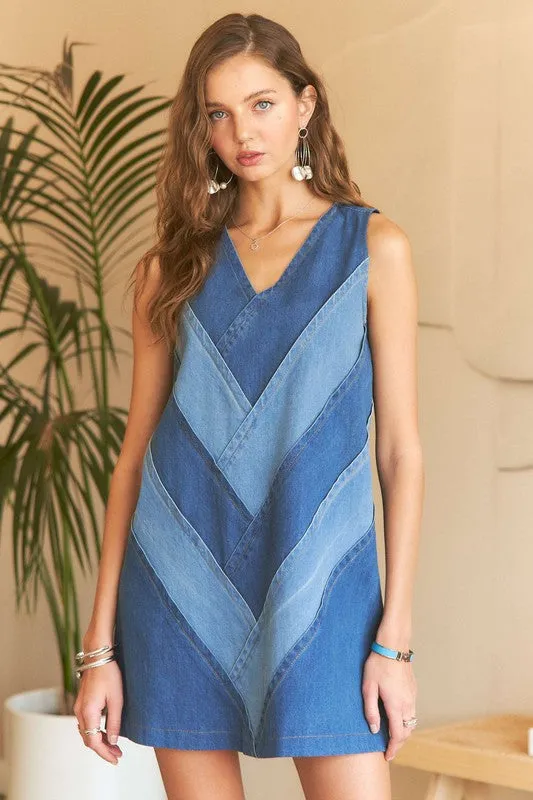 Hazel Blues® |  ADORA Chevron Color Block V-Neck Denim Dress