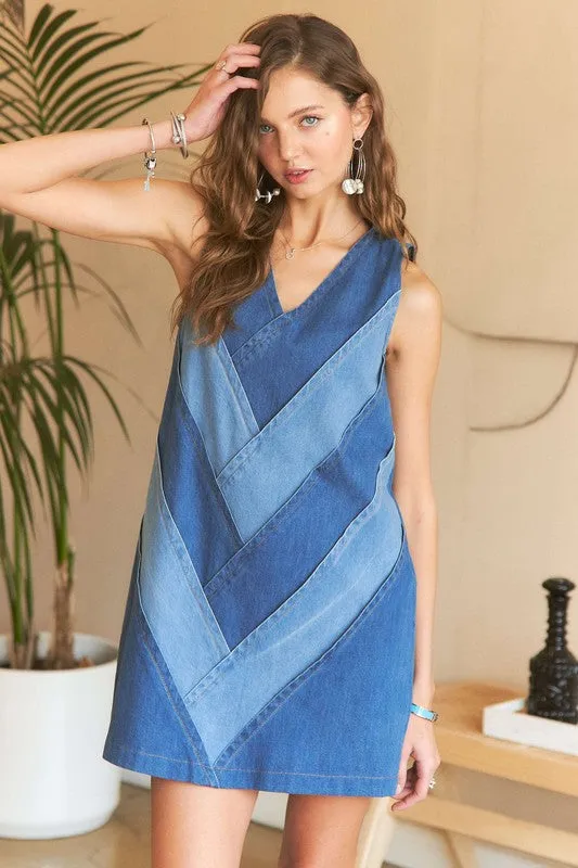 Hazel Blues® |  ADORA Chevron Color Block V-Neck Denim Dress