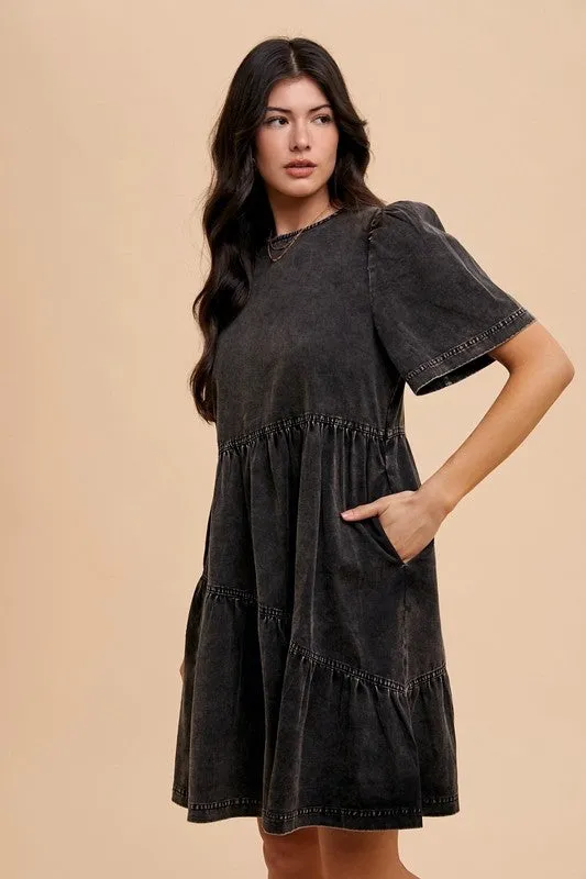 Hazel Blues® |  Annie Wear Mineral Washed Round Neck Short Sleeve Denim Dress