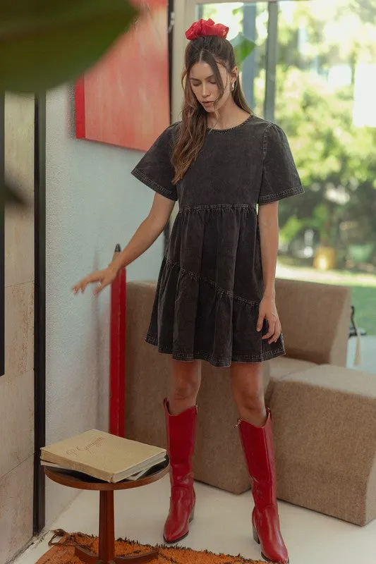 Hazel Blues® |  Annie Wear Mineral Washed Round Neck Short Sleeve Denim Dress