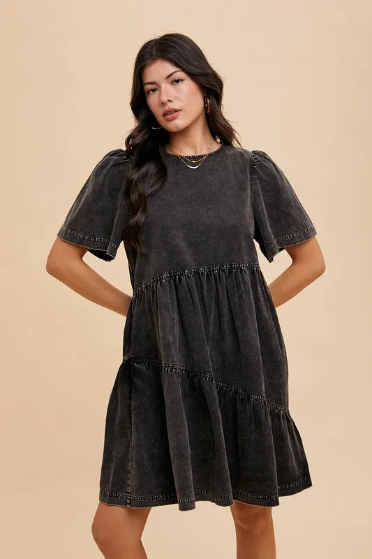 Hazel Blues® |  Annie Wear Mineral Washed Round Neck Short Sleeve Denim Dress