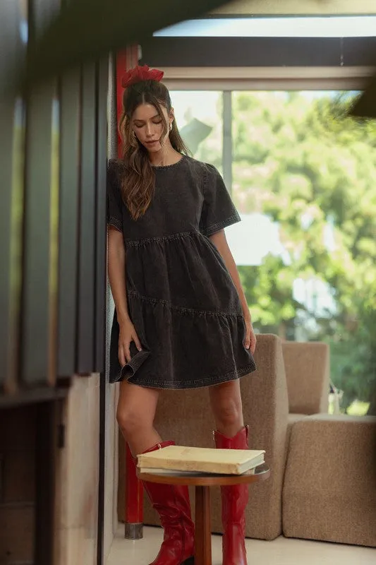 Hazel Blues® |  Annie Wear Mineral Washed Round Neck Short Sleeve Denim Dress