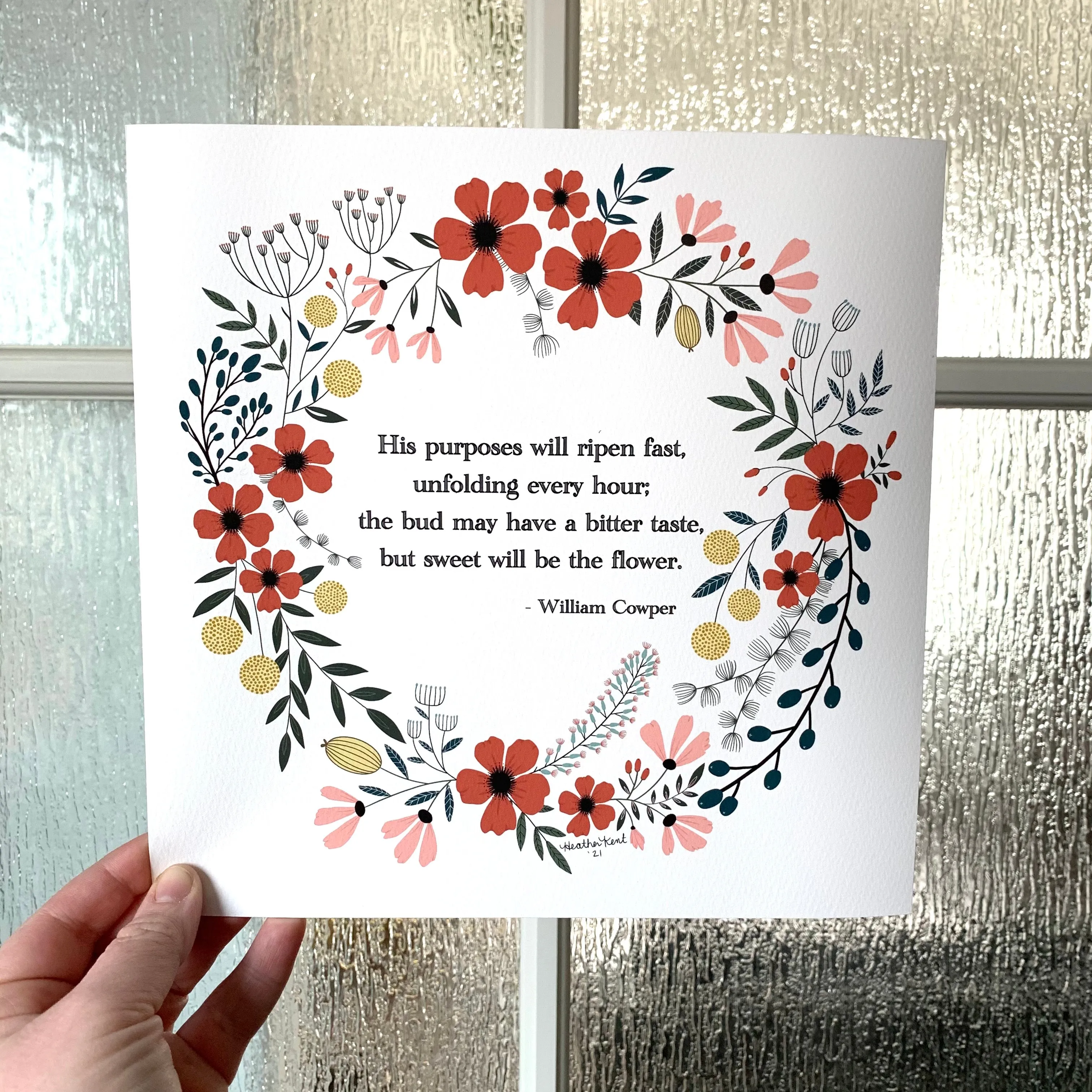 Hymn Wall Art Quote, Vintage Florals Wreath Fine Art Print, 10x10in, “Sweet will be the flower.”