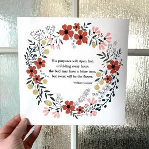 Hymn Wall Art Quote, Vintage Florals Wreath Fine Art Print, 10x10in, “Sweet will be the flower.”