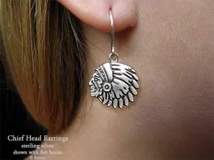 Indian Chief Head Earrings Sterling Silver