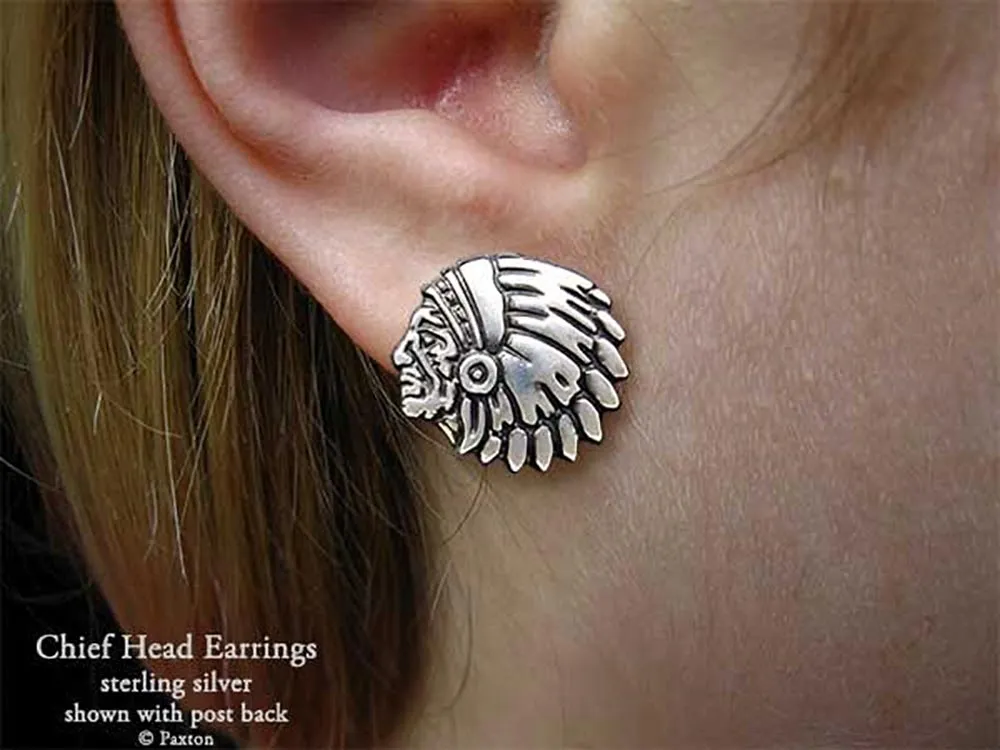 Indian Chief Head Earrings Sterling Silver