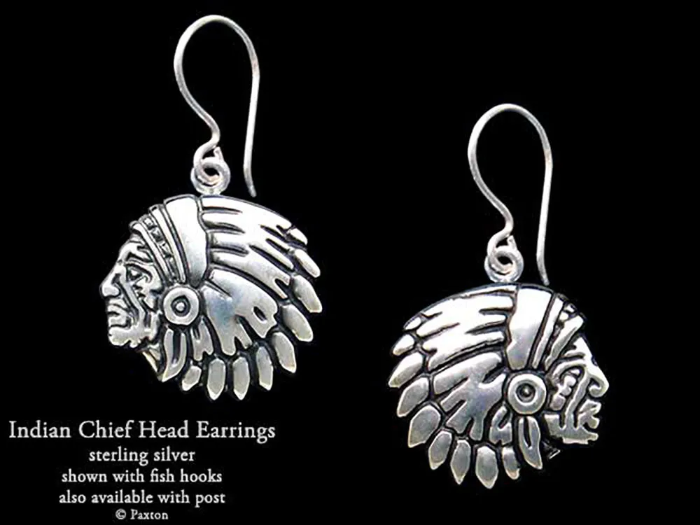 Indian Chief Head Earrings Sterling Silver