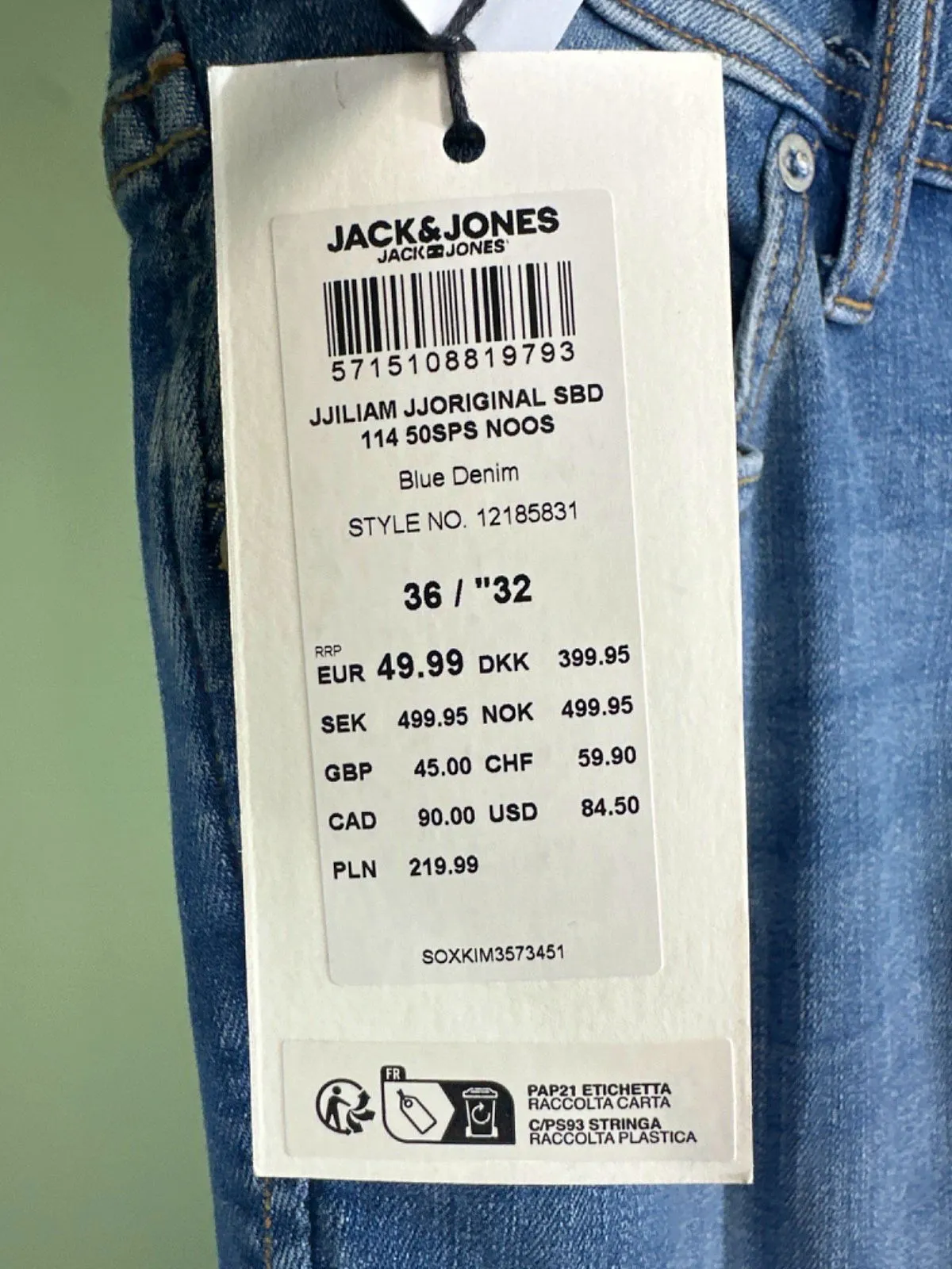JACK & JONES Blue Denim Jeans Jjlim JJORIGINAL SBD 114 50SPS NOOS W36