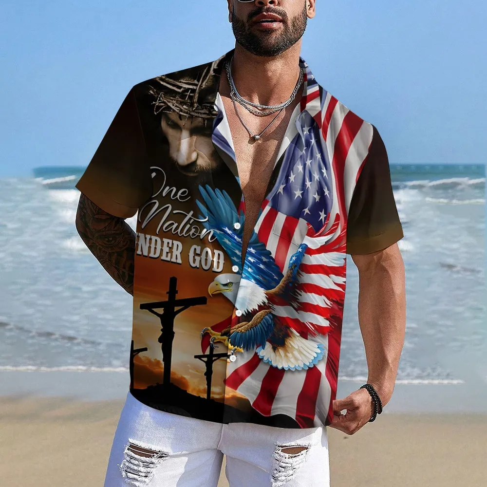 Jesus Christ American Eagle Flag Casual Short Sleeve Shirt 2411003460