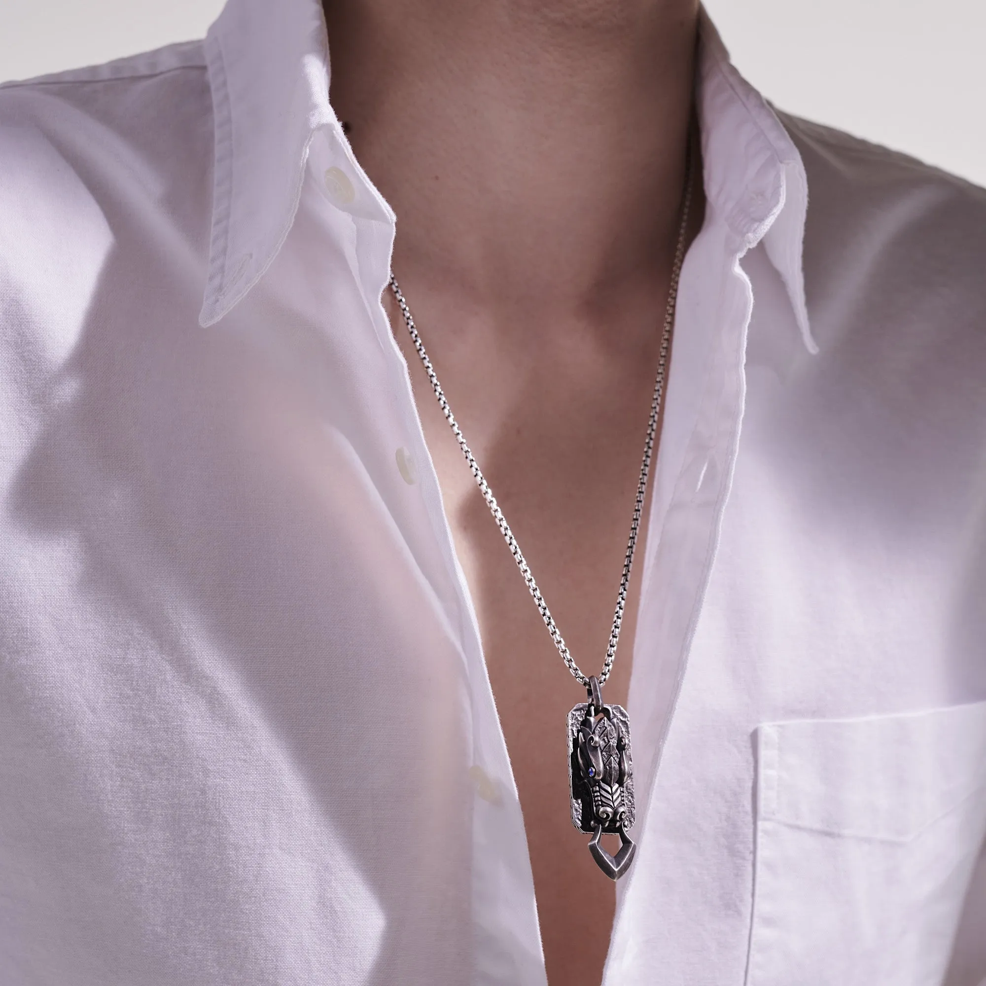 John Hardy Legends Naga Reticulated Silver Pendant with Blue Sapphire Eyes and 24" Box Chain