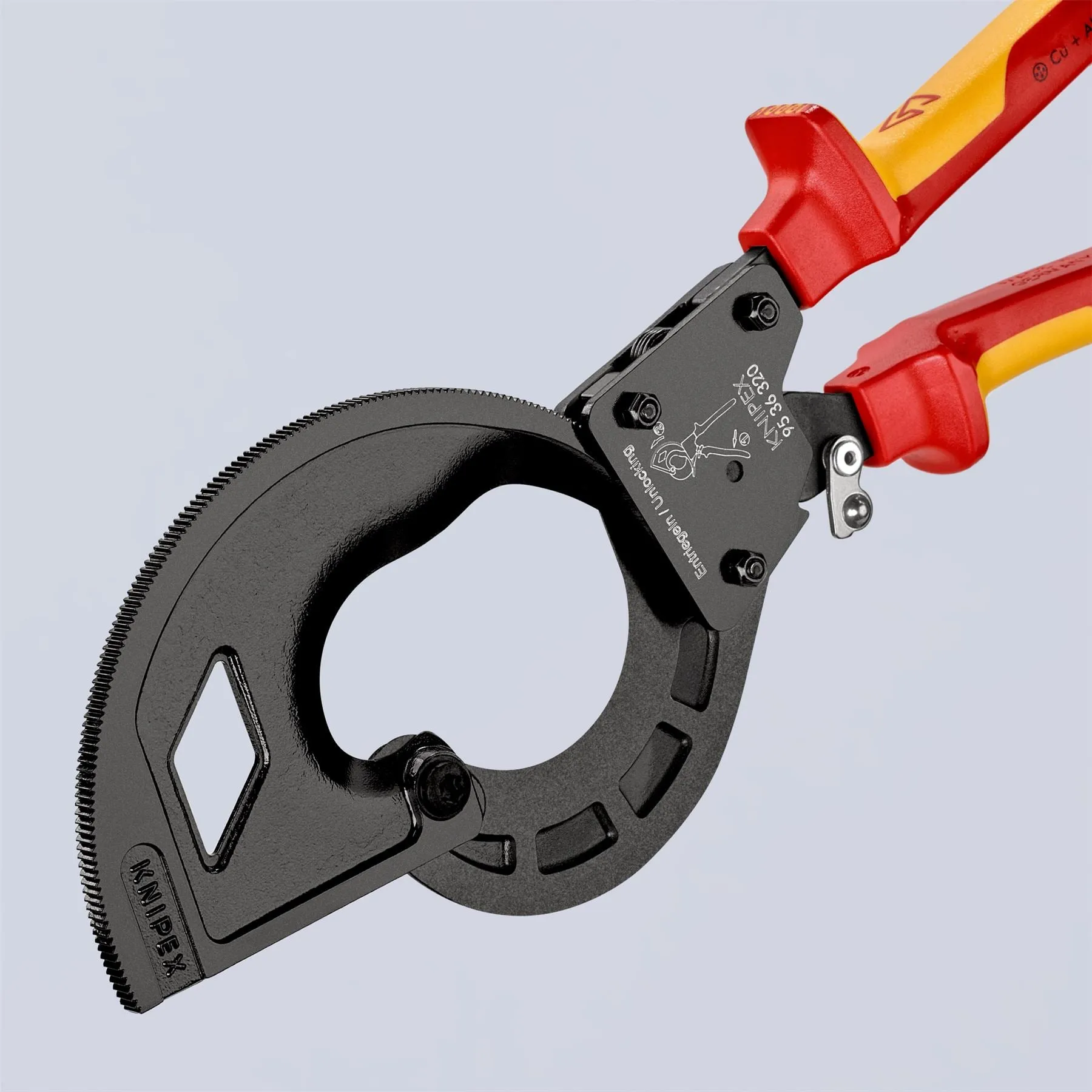 KNIPEX Cable Cutter Ratchet Action 3 Stage 60mm Diameter 320mm VDE Insulated Multi Component Grips 95 36 320