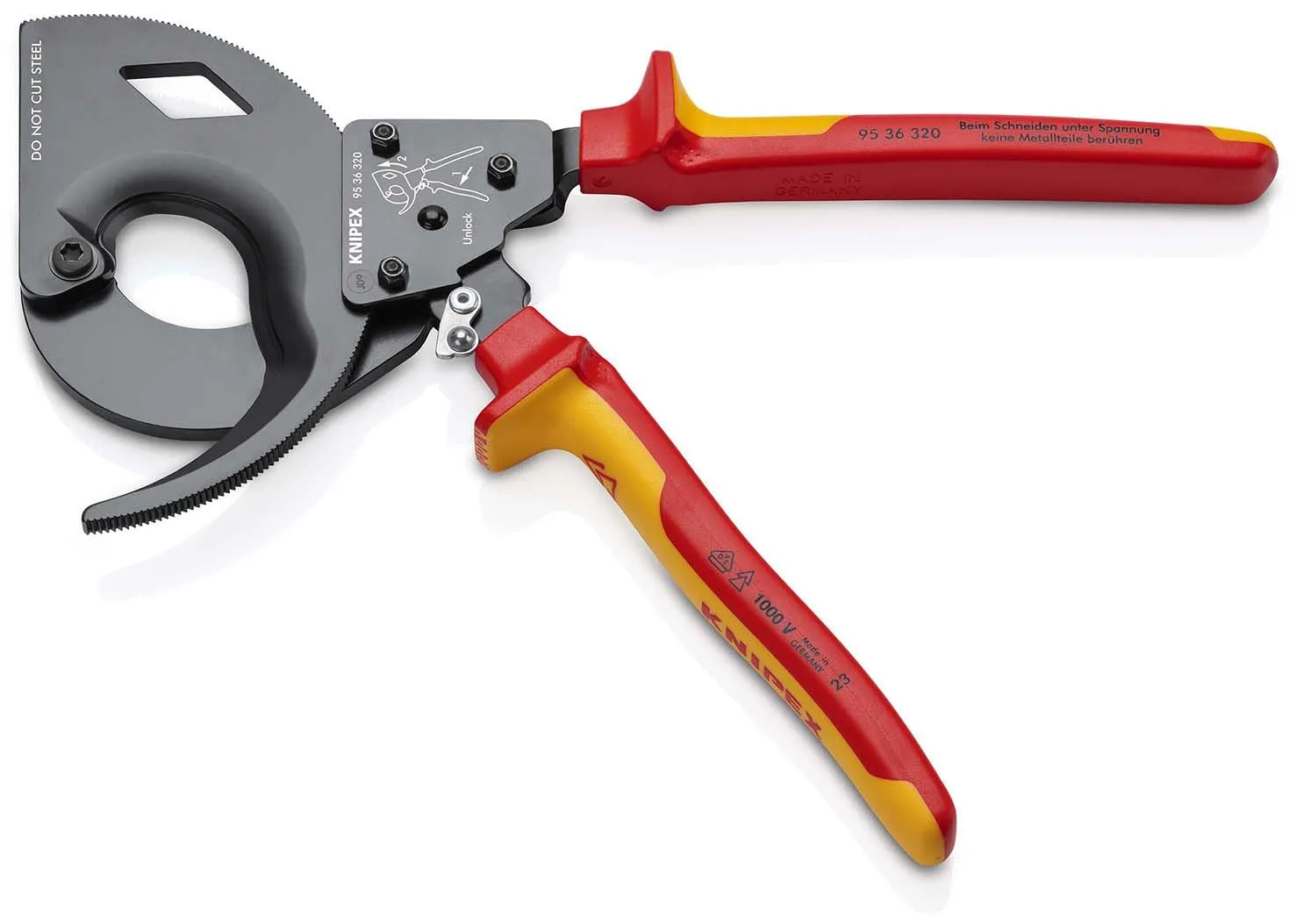 KNIPEX Cable Cutter Ratchet Action 3 Stage 60mm Diameter 320mm VDE Insulated Multi Component Grips 95 36 320