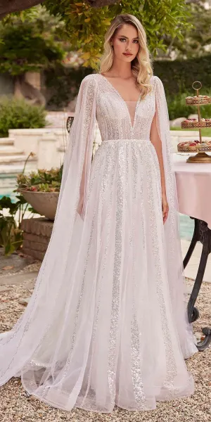 Ladivine CD852W Timeless A-Line Layered Tulle Long Sleeve Drape Wedding Gown