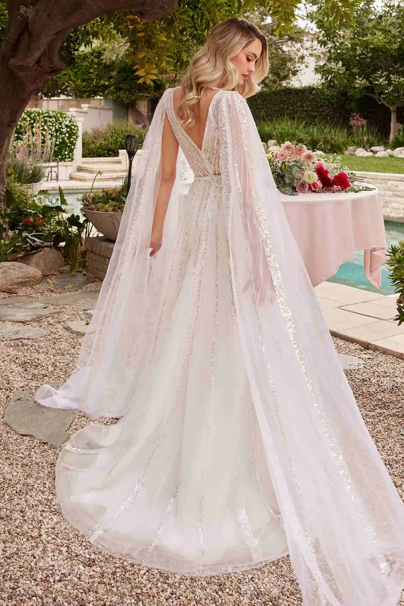 Ladivine CD852W Timeless A-Line Layered Tulle Long Sleeve Drape Wedding Gown
