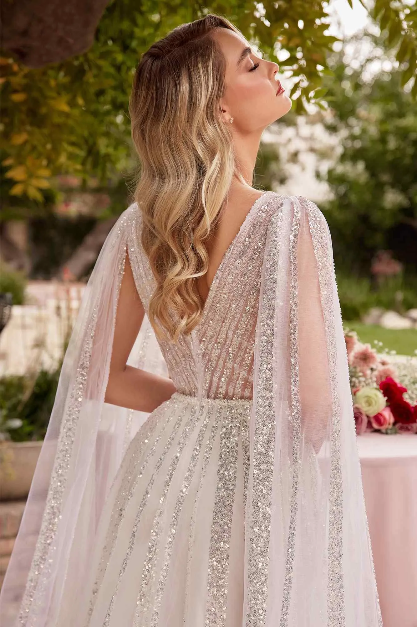 Ladivine CD852W Timeless A-Line Layered Tulle Long Sleeve Drape Wedding Gown