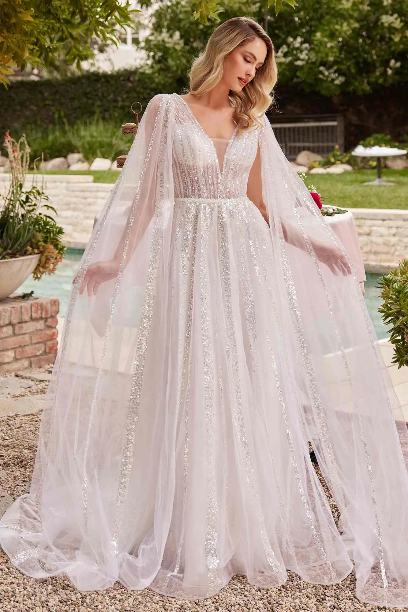 Ladivine CD852W Timeless A-Line Layered Tulle Long Sleeve Drape Wedding Gown