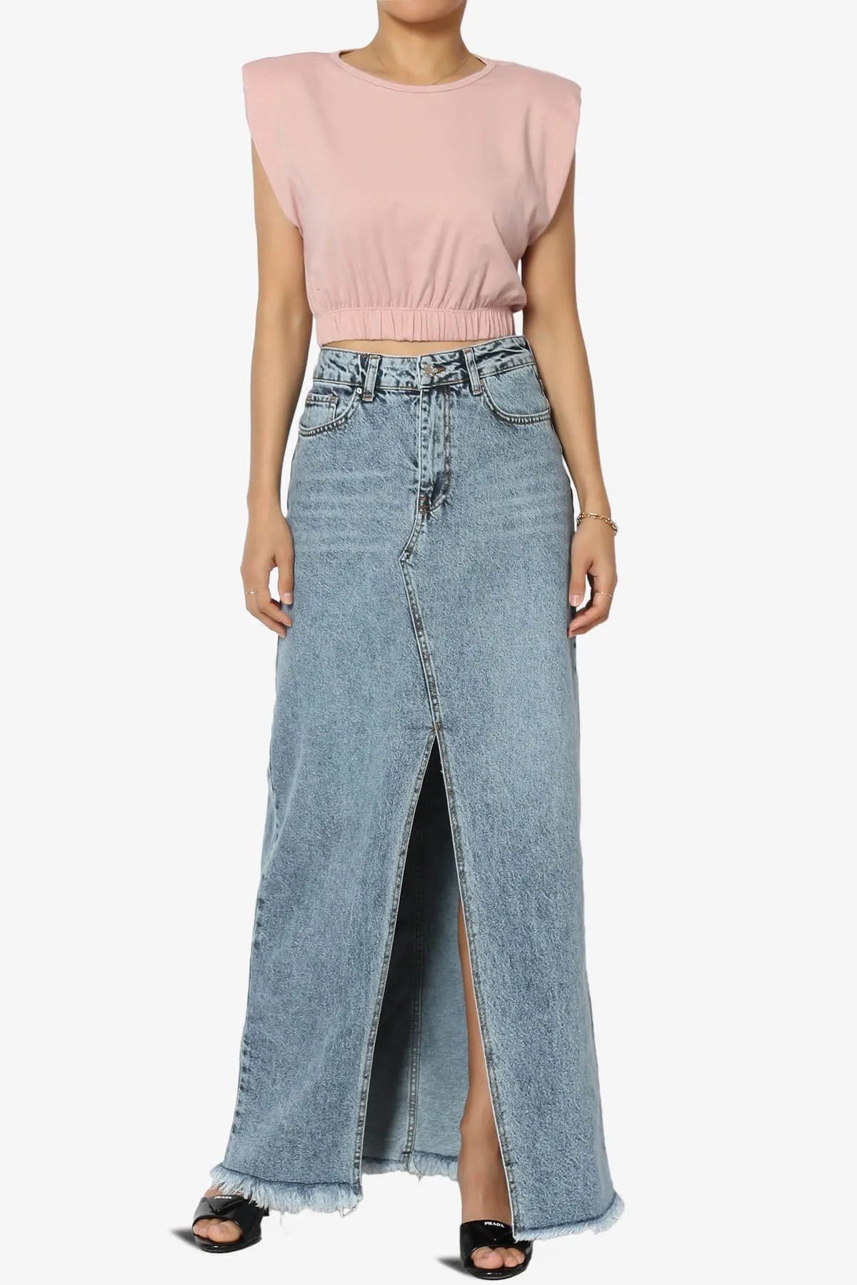 Lefon Front Slit Raw Hem Denim Maxi Skirt