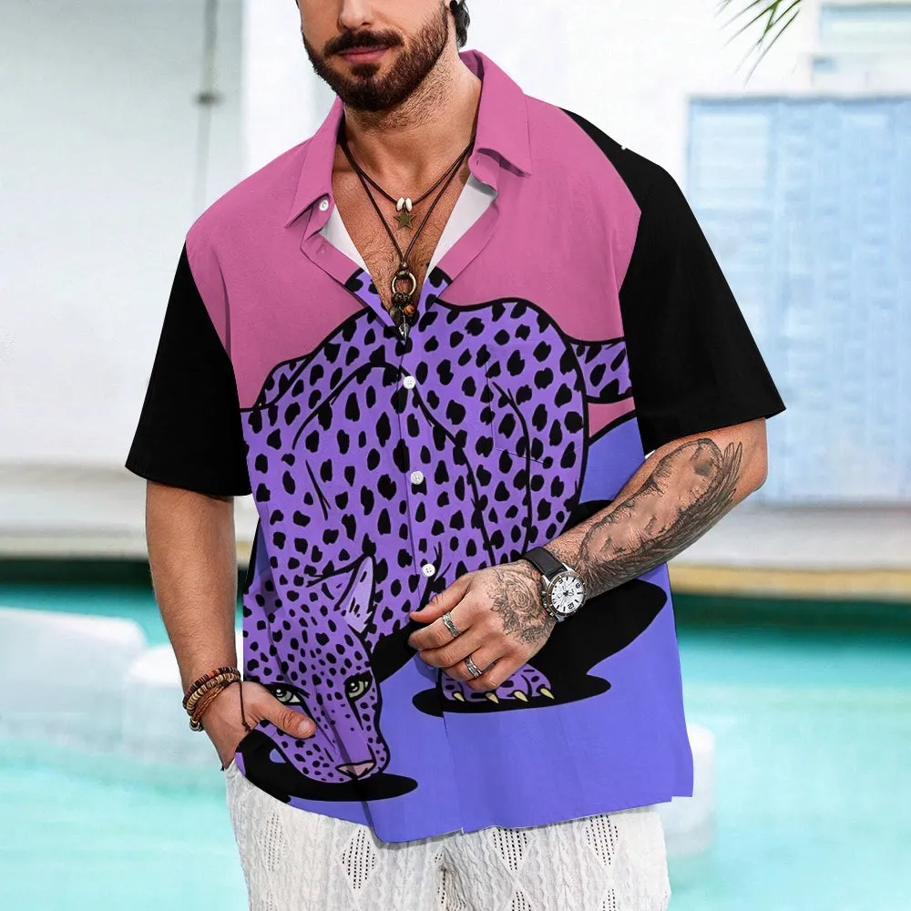 Leopard Art Print Casual Oversized Short Sleeve Shirt 2407001248