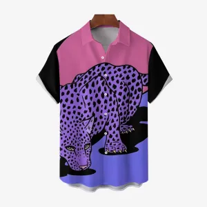 Leopard Art Print Casual Oversized Short Sleeve Shirt 2407001248