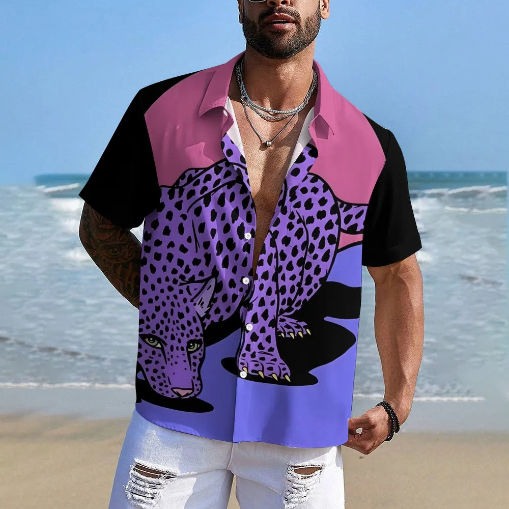 Leopard Art Print Casual Oversized Short Sleeve Shirt 2407001248