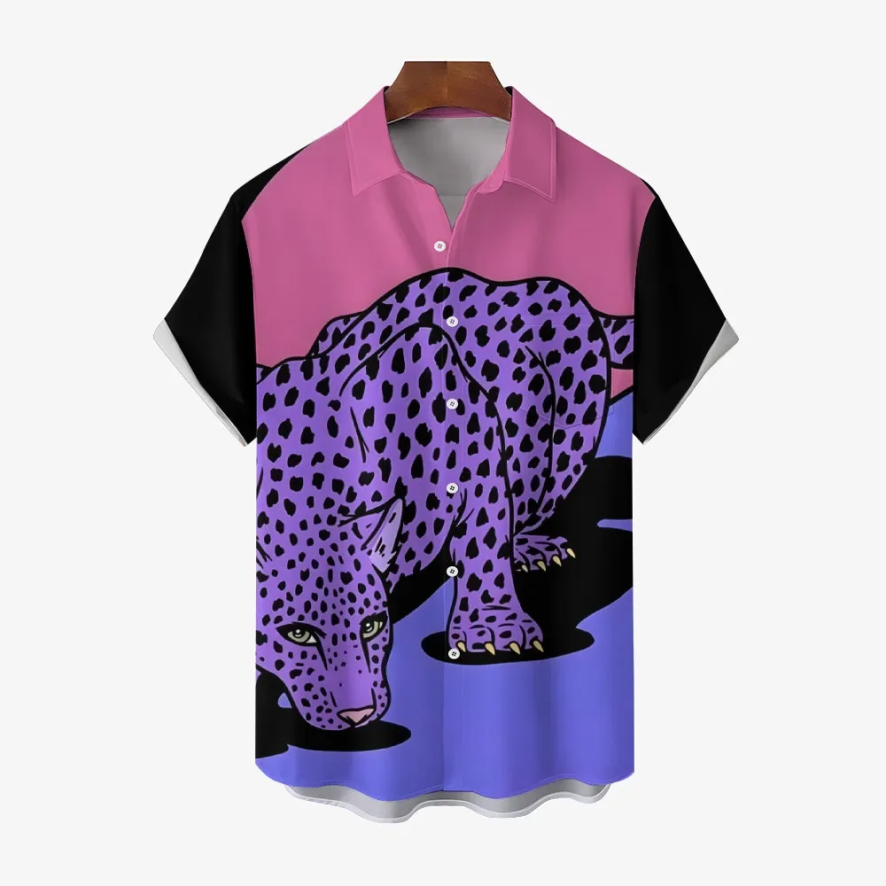 Leopard Art Print Casual Oversized Short Sleeve Shirt 2407001248