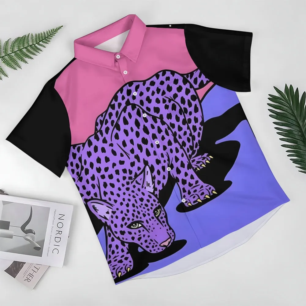 Leopard Art Print Casual Oversized Short Sleeve Shirt 2407001248