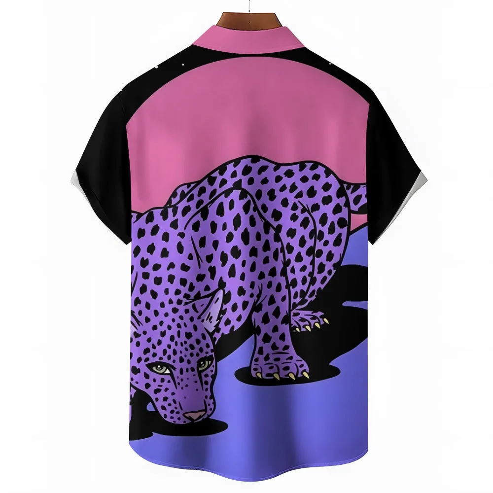 Leopard Art Print Casual Oversized Short Sleeve Shirt 2407001248