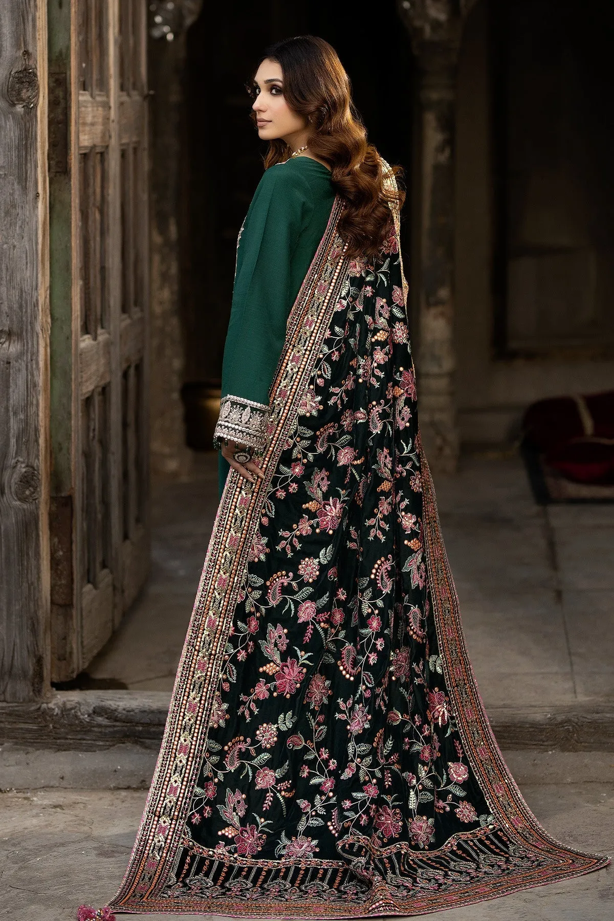 Luxury Green Embroidered Pakistani Wedding Frock with Velvet Shawl