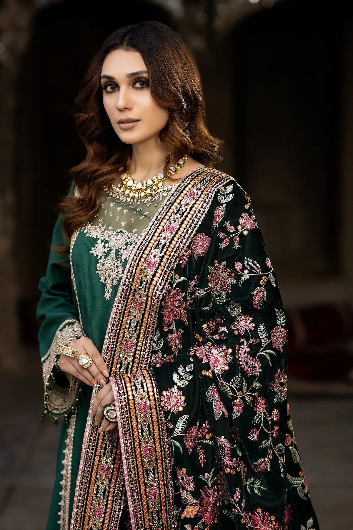 Luxury Green Embroidered Pakistani Wedding Frock with Velvet Shawl