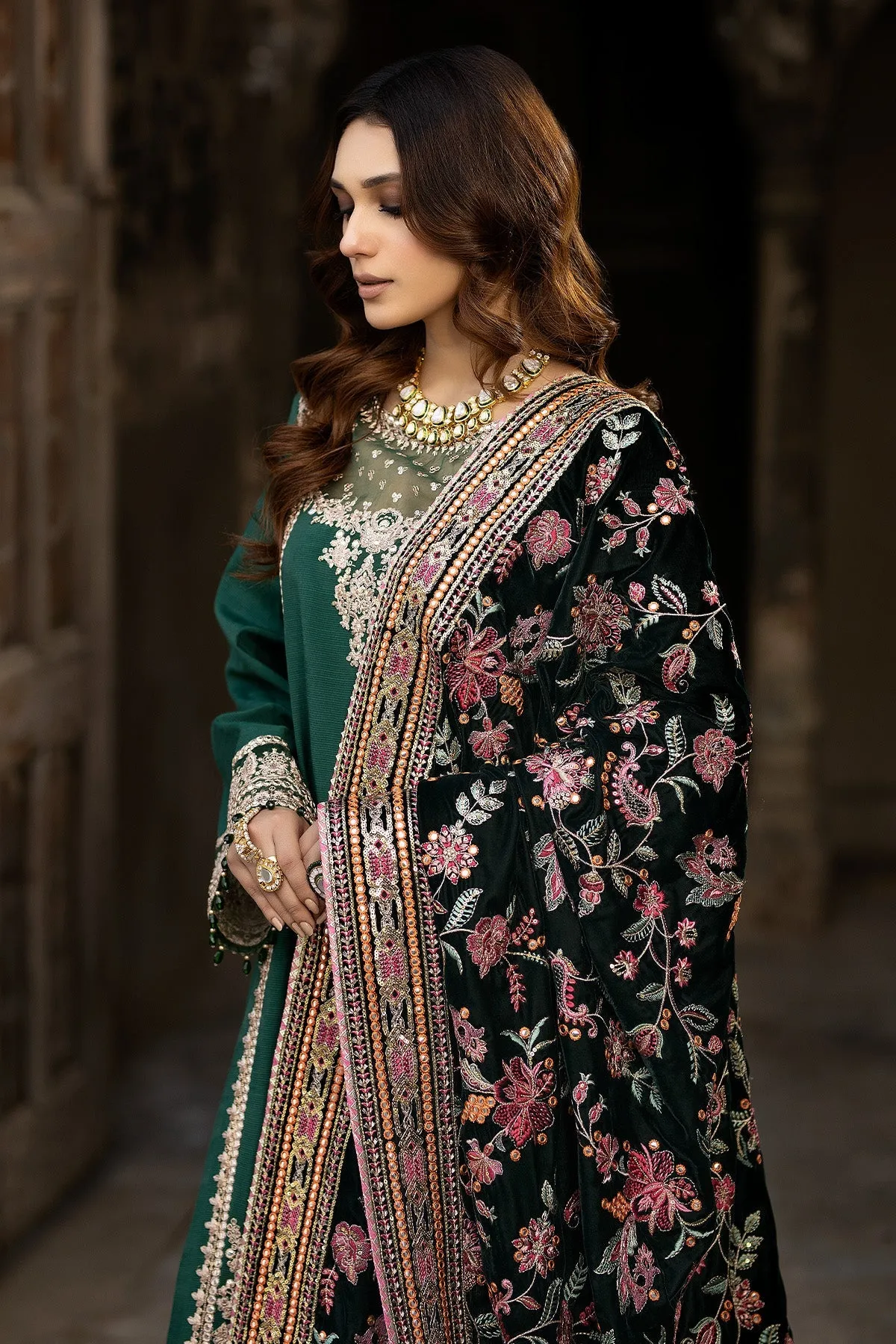 Luxury Green Embroidered Pakistani Wedding Frock with Velvet Shawl