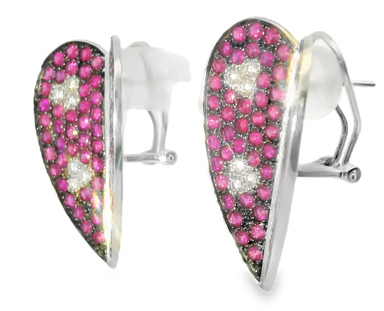 Magnificent Estate 18K White Gold Diamond Red Sapphire Heart Earrings
