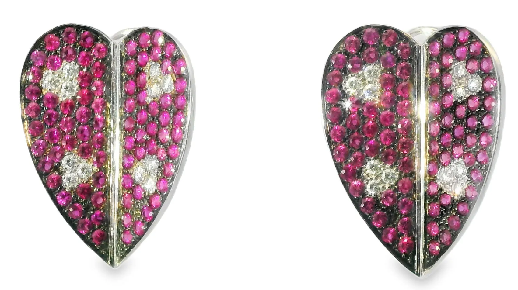 Magnificent Estate 18K White Gold Diamond Red Sapphire Heart Earrings