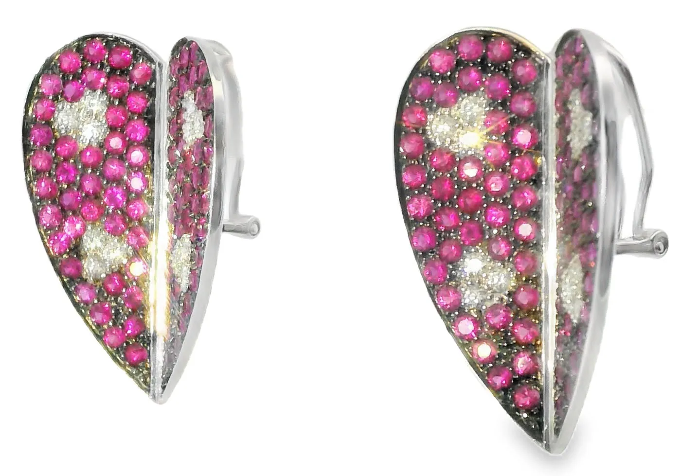 Magnificent Estate 18K White Gold Diamond Red Sapphire Heart Earrings
