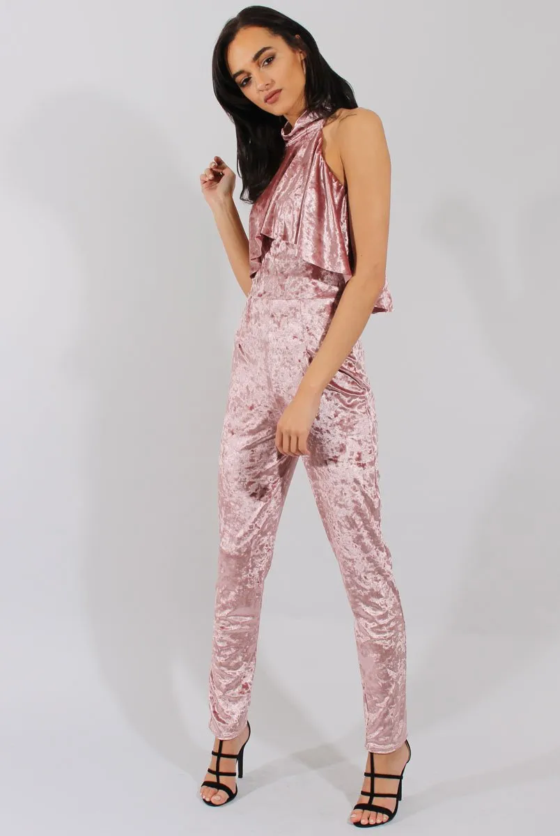 Mauve Crushed Velvet Frill Choker Jumpsuit - Blaire