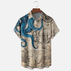 Men's Abstract Octopus Sailing Casual Short Sleeve Shirt
